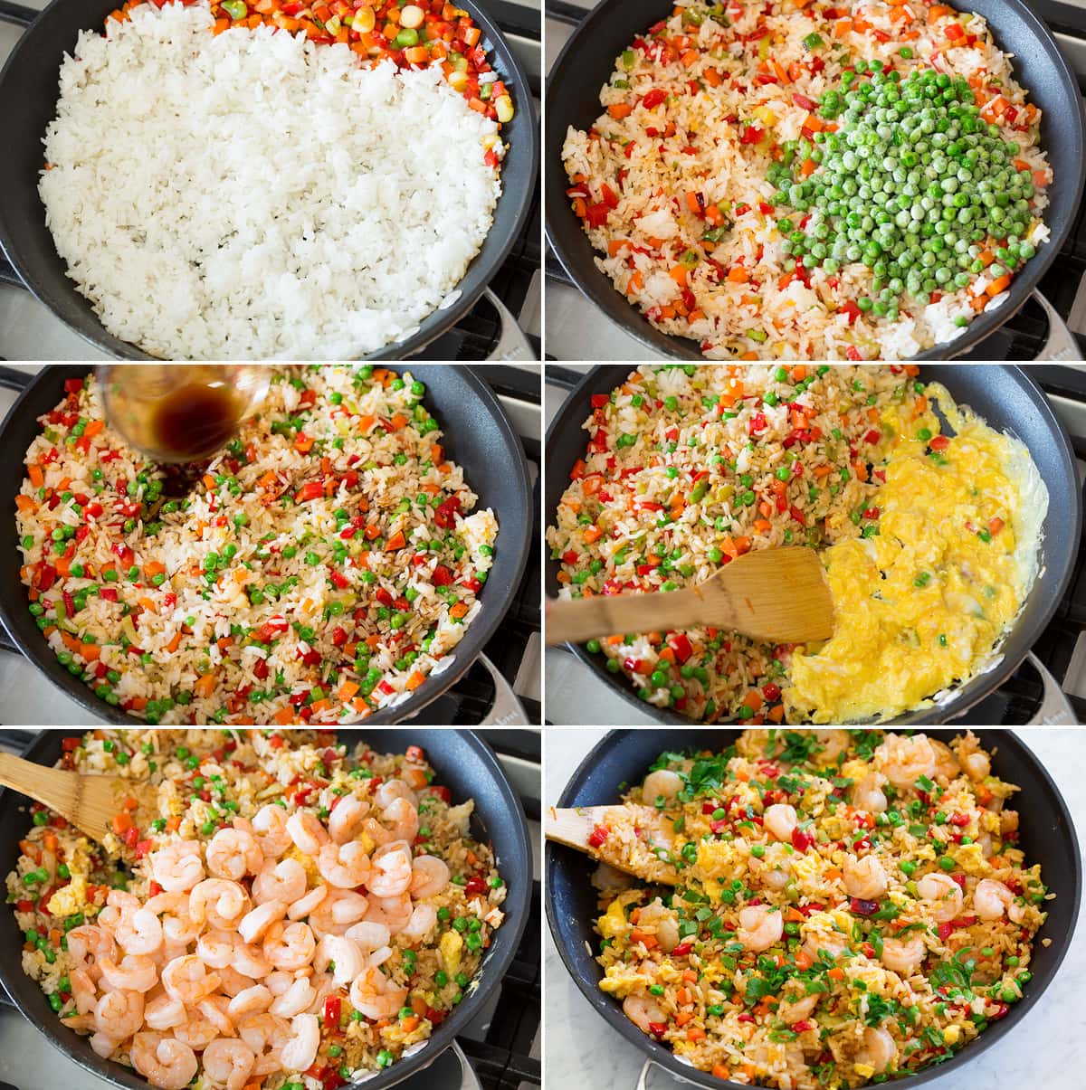 Shrimp Fried Rice Collage of six images showing rice being sauteed with vegetables and shrimp for fried rice.
