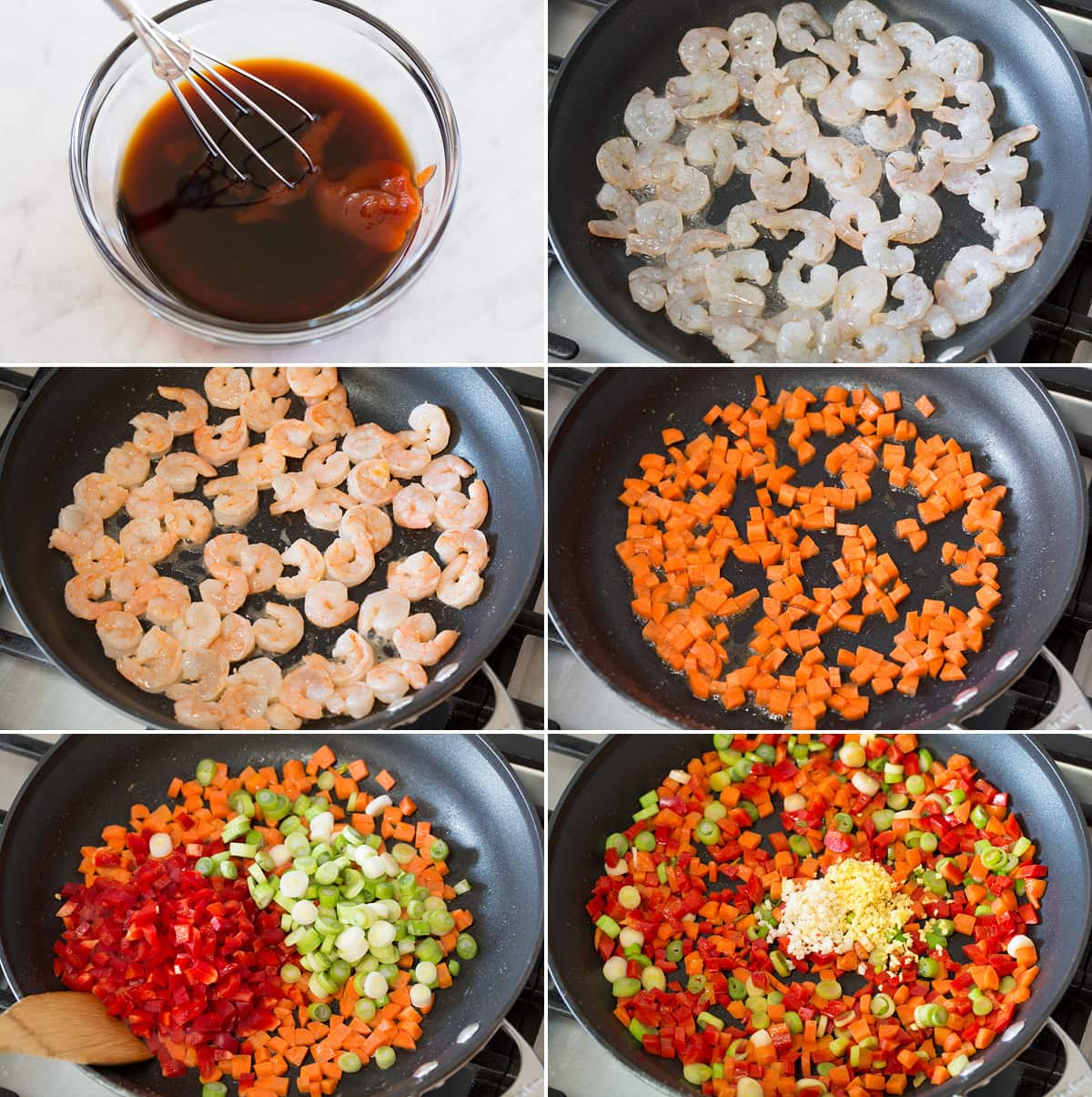 Shrimp Fried Rice Collage of 6 photos showing steps of sautéing shrimp and vegetables for fried rice.
