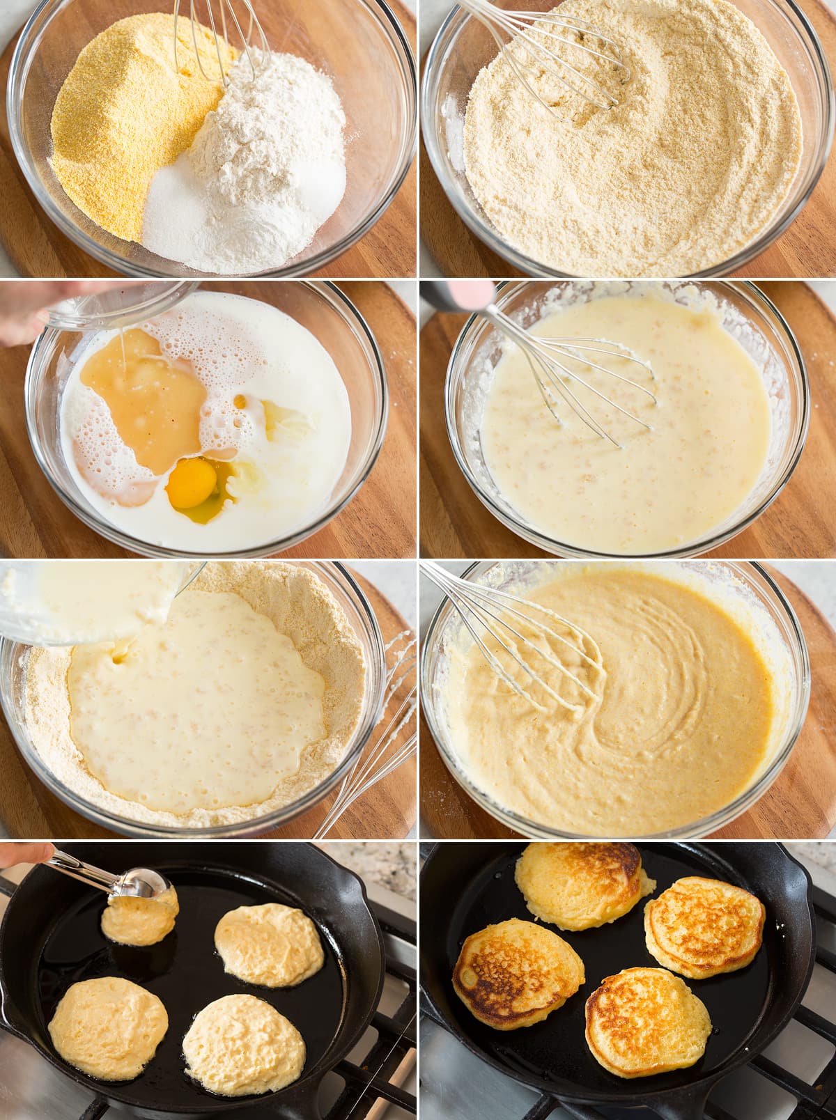 Hoecakes Group of images showing all the steps of making johnny cakes batter and cooking in cast iron pan.