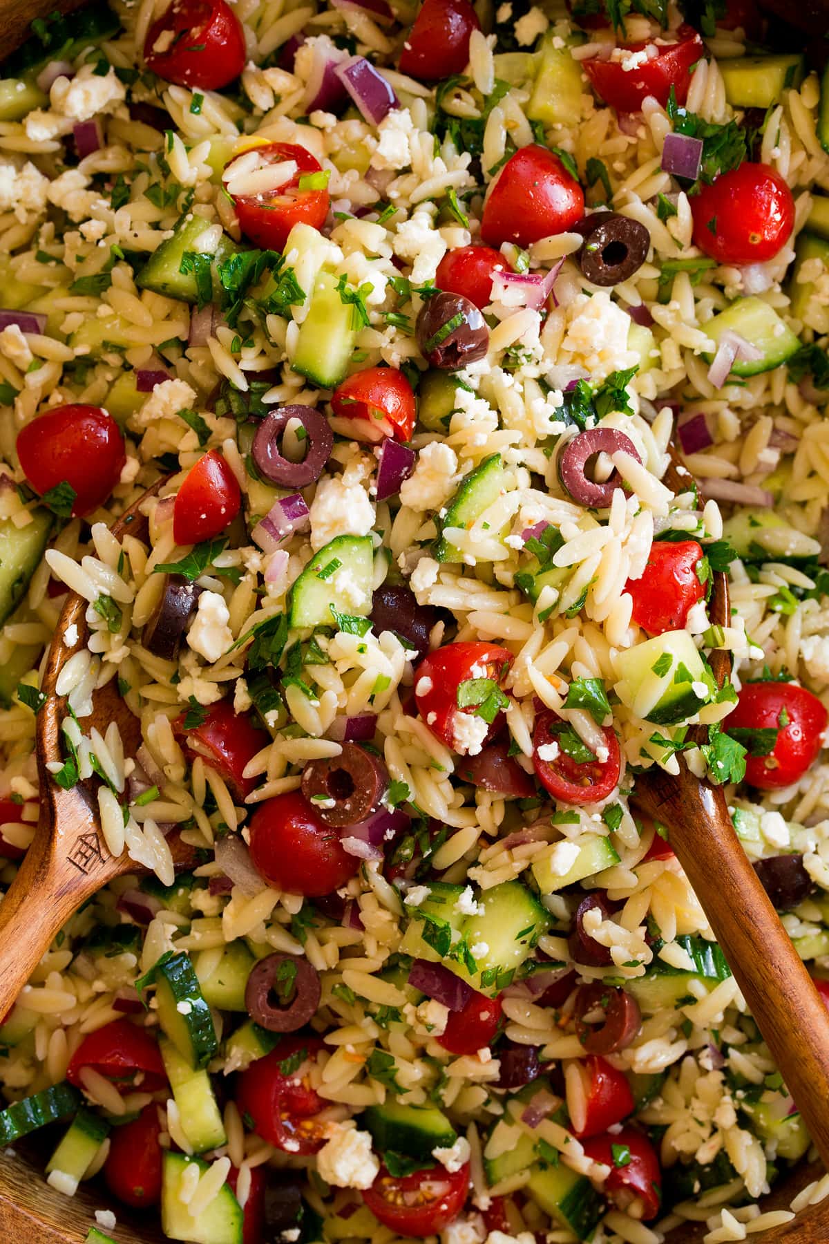 Orzo Pasta Salad Close up photo of pasta salad with orzo, tomatoes, cucumbers, olives, feta, red onion, herbs and dressing.
