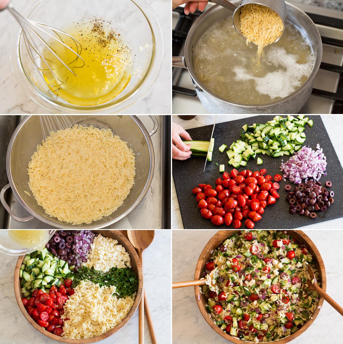Orzo Pasta Salad Collage of six images showing how to make orzo pasta salad.