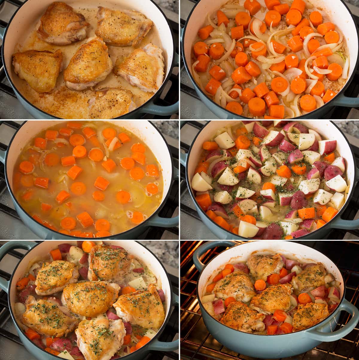 Braised Chicken Thighs and Vegetables Six photos together showing steps of making braised chicken thighs with potatoes and carrots.