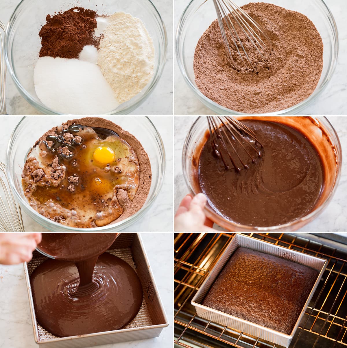 Easy Chocolate Cake Six photos showing steps of making easy chocolate cake batter and baking.