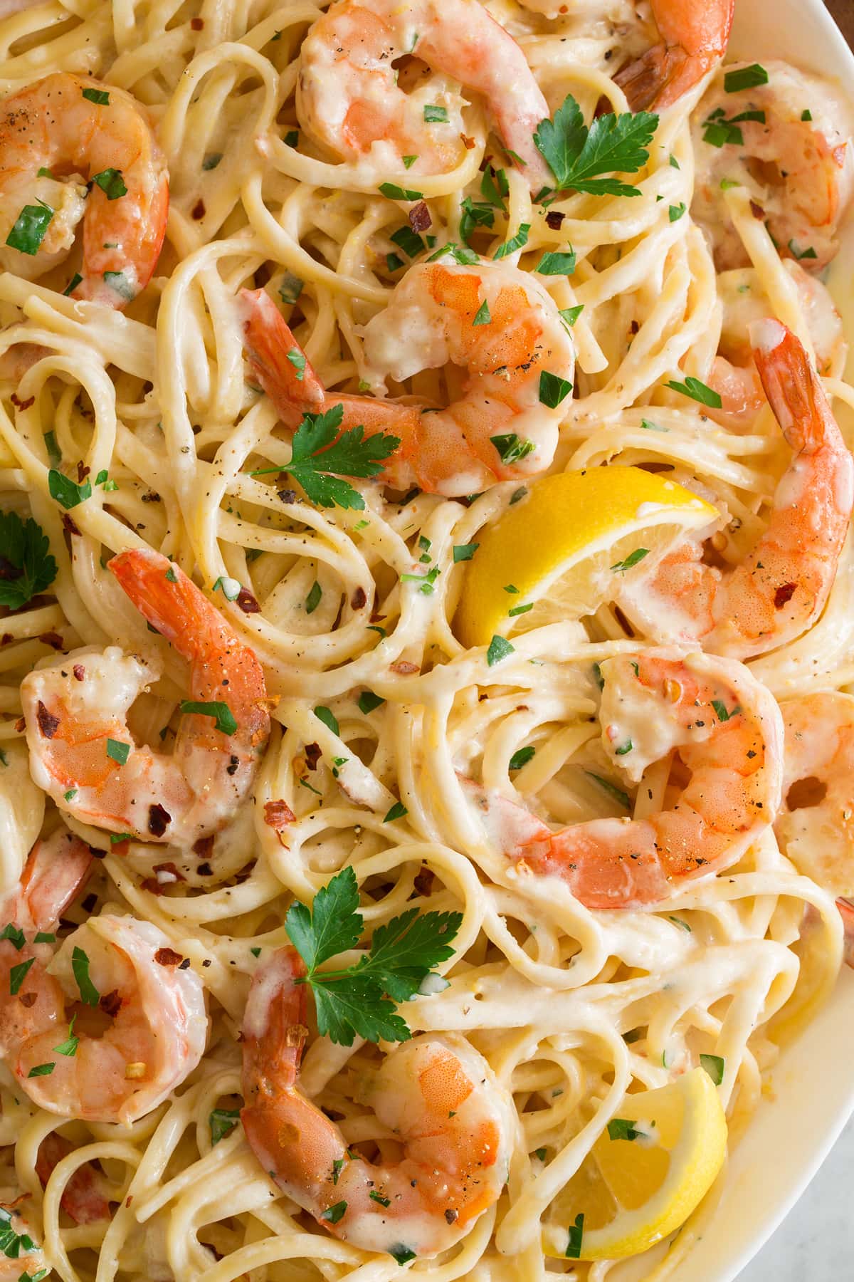 Creamy Lemon Shrimp Pasta Close up photo of shrimp pasta with creamy lemon sauce.