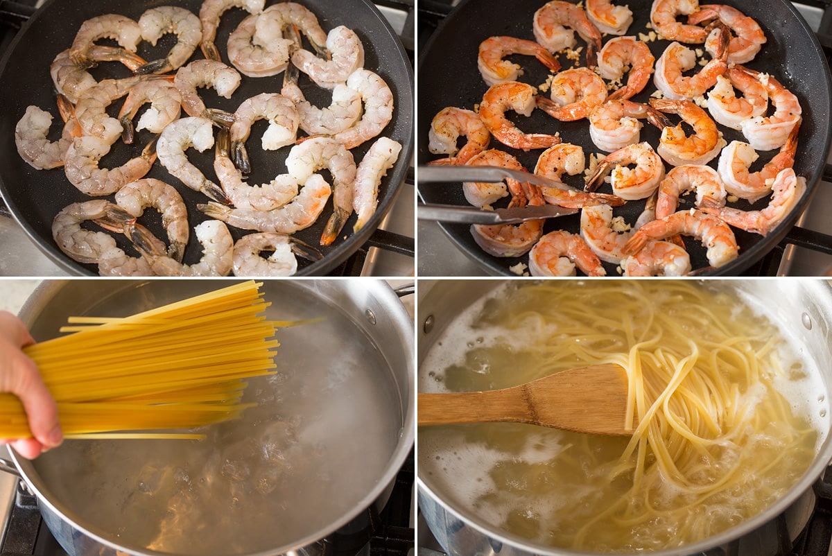 Creamy Lemon Shrimp Pasta Collage of four photos showing how to cook shrimp and pasta in skillet and pot.