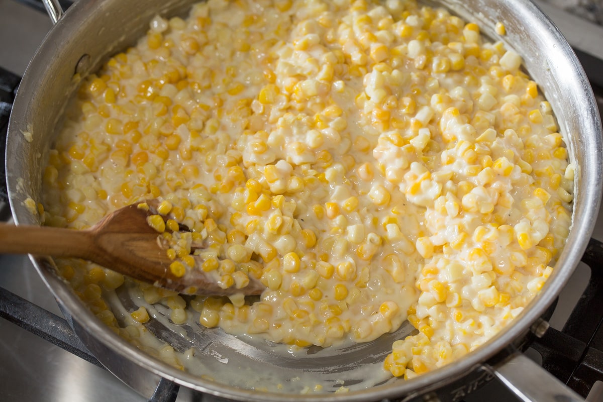 Creamed Corn Creamed corn once completed in pan.