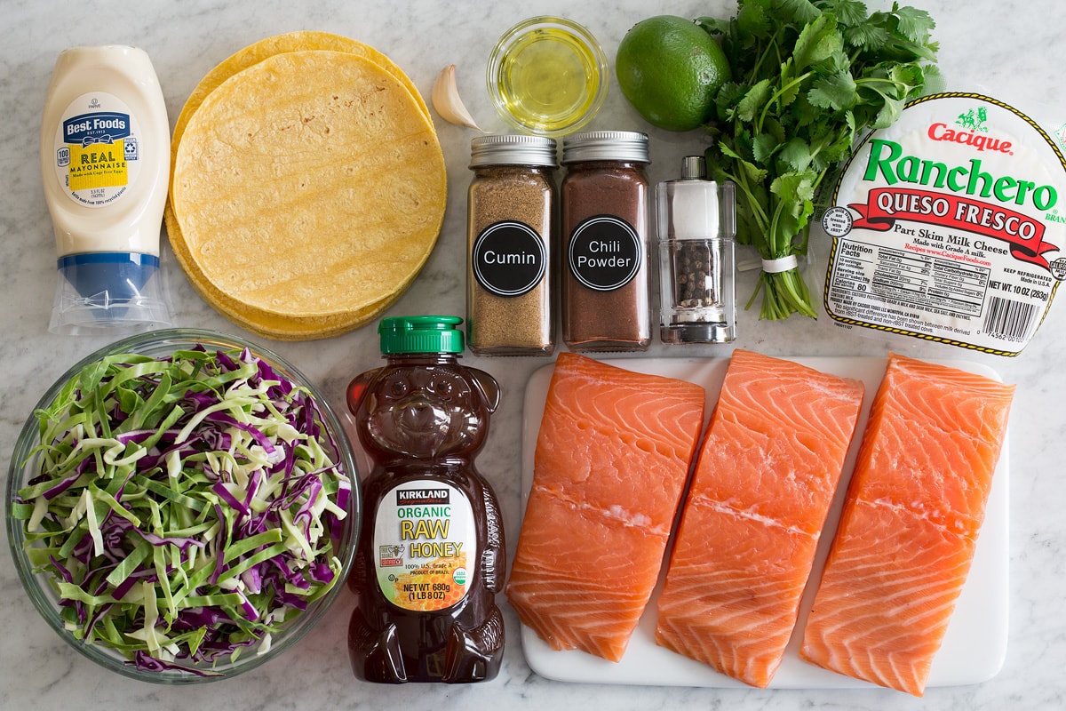 Salmon Tacos Photo of ingredients used to make salmon tacos and taco slaw.