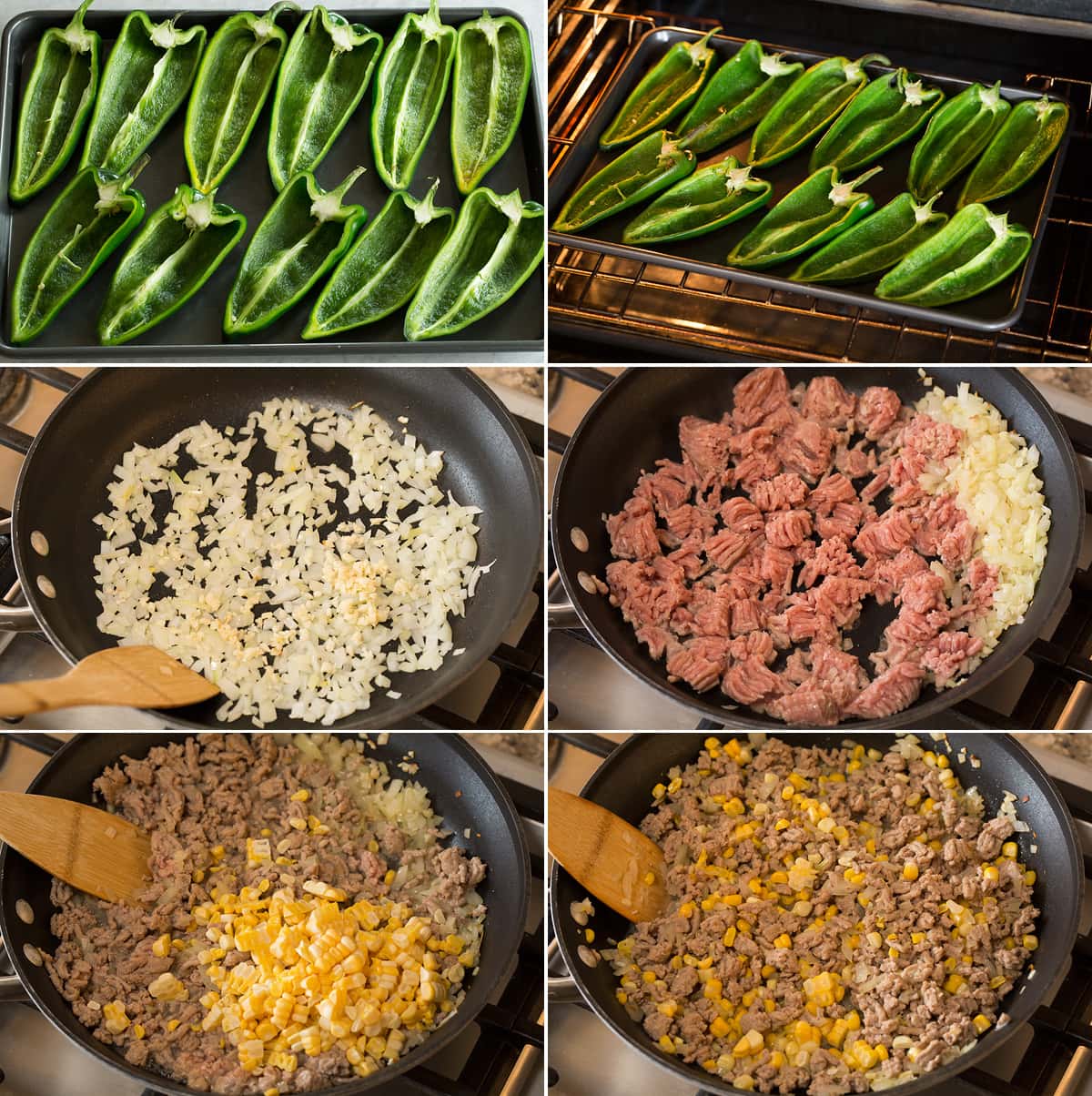 Poblano Stuffed Peppers Collage of six photos showing steps of making poblano stuffed peppers.