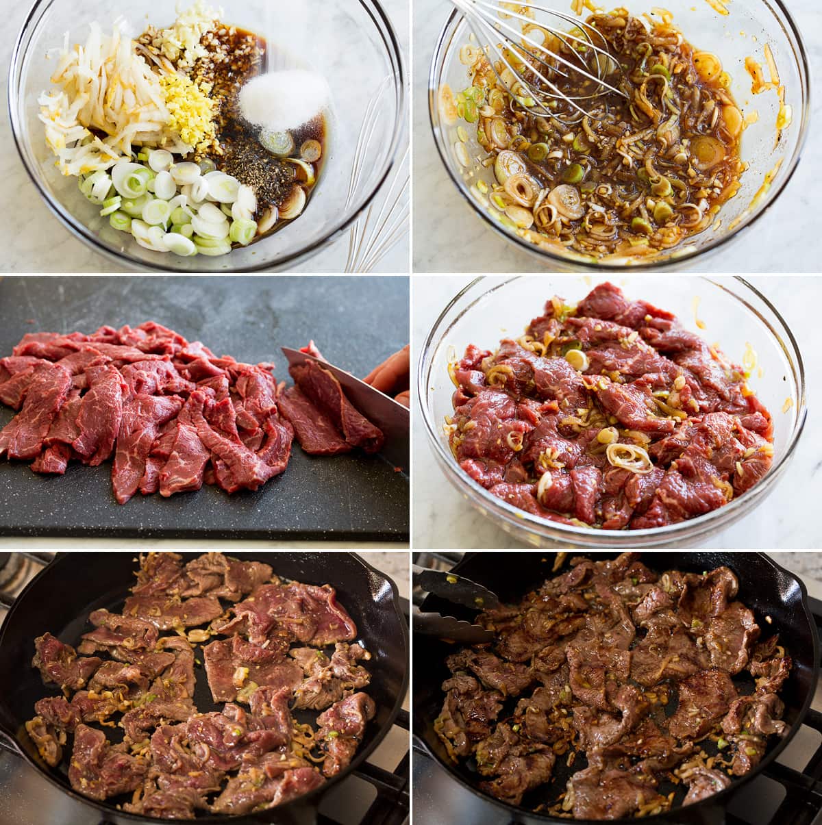 Beef Bulgogi Collage of six photos showing steps of making beef bulgogi marinade, soaking beef, and searing it in a cast iron skillet on the stove.