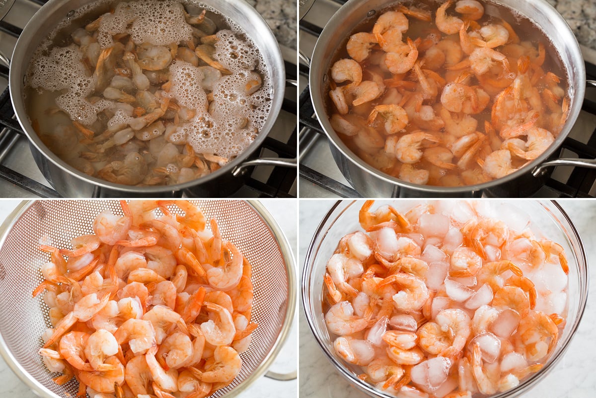 Shrimp Salad Four photos showing how to boil shrimp.