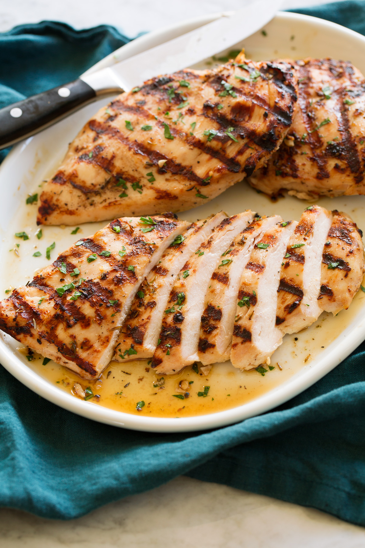 Grilled Chicken Breasts Sliced grilled chicken breasts showing juicy interior.
