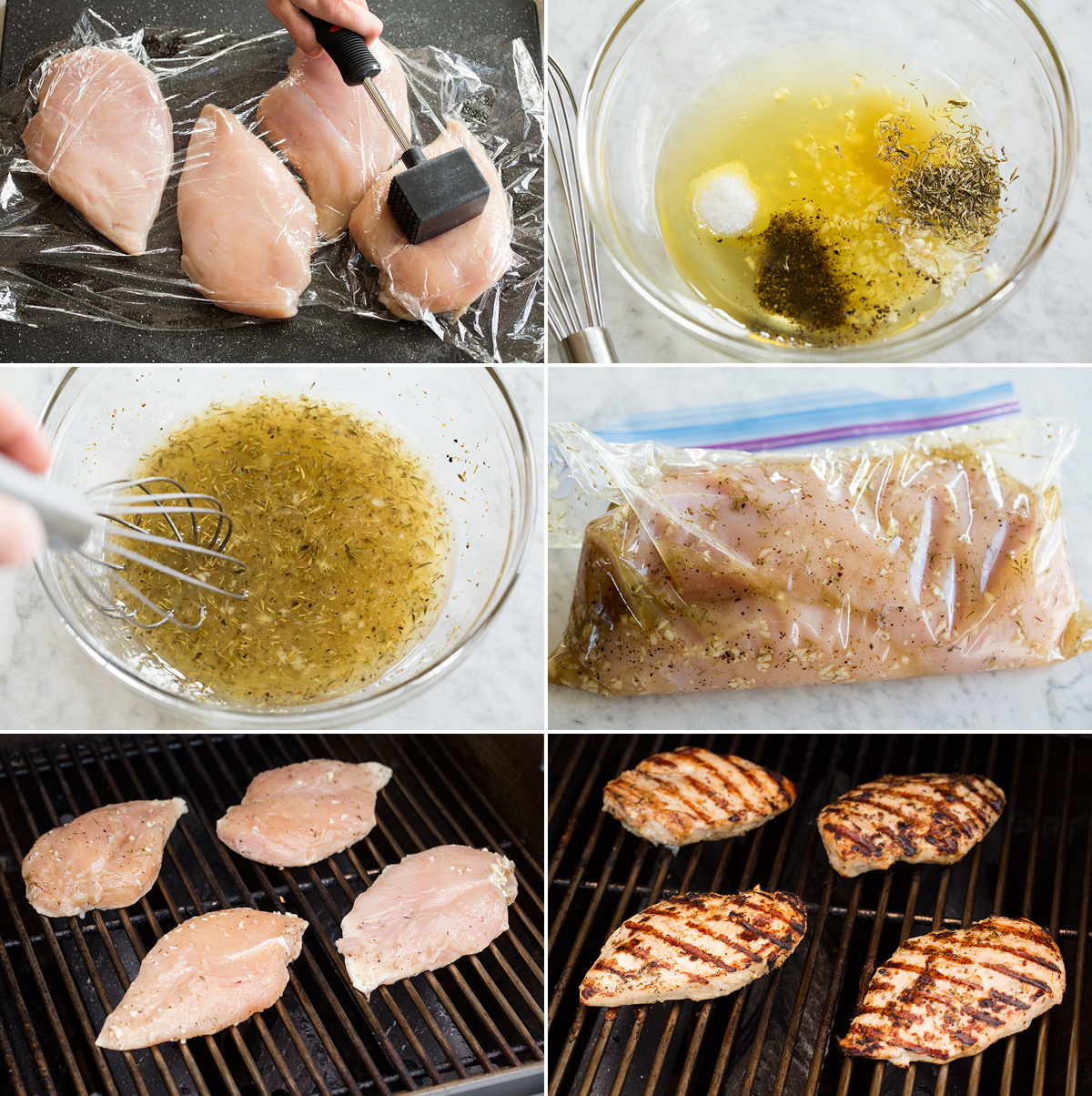 Grilled Chicken Breasts Six photos showing steps of making grilled chicken breasts and brine marinade.