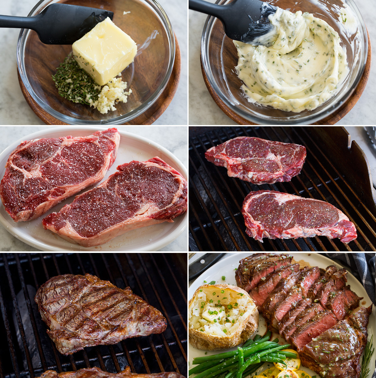Grilled Steak Collage of six photos showing how to make grilled steak and rosemary butter.