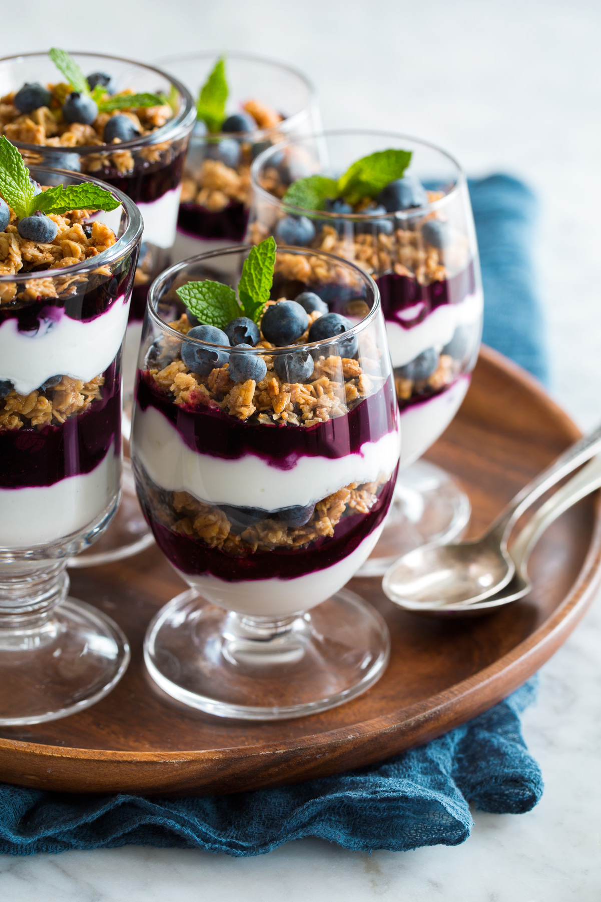 Yogurt Parfaits Yogurt Parfaits layered with plain Greek yogurt, blueberry sauce and granola.