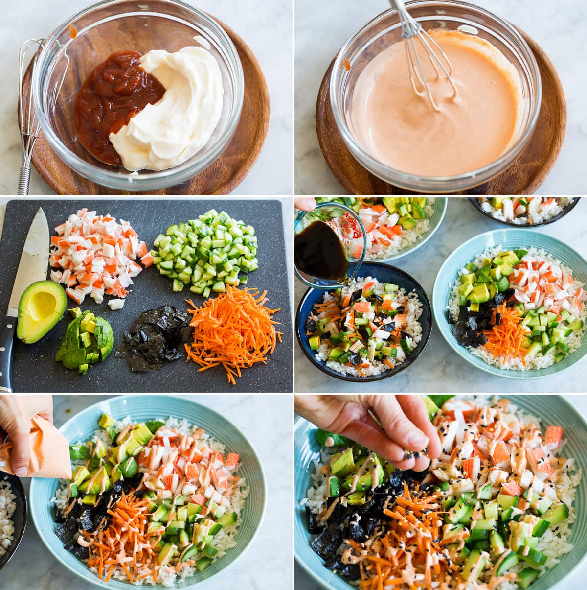 California Roll Sushi Bowls Photos showing steps of making a sushi bowl and sriracha mayonnaise.