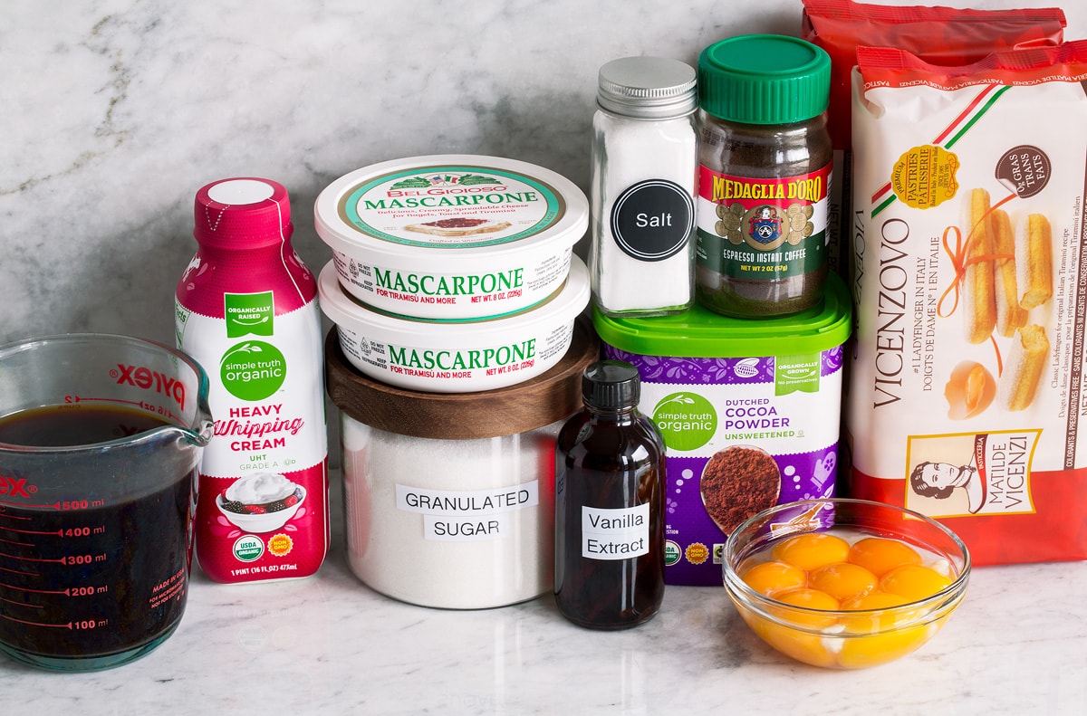 Tiramisu Ingredients needed to make tiramisu shown.