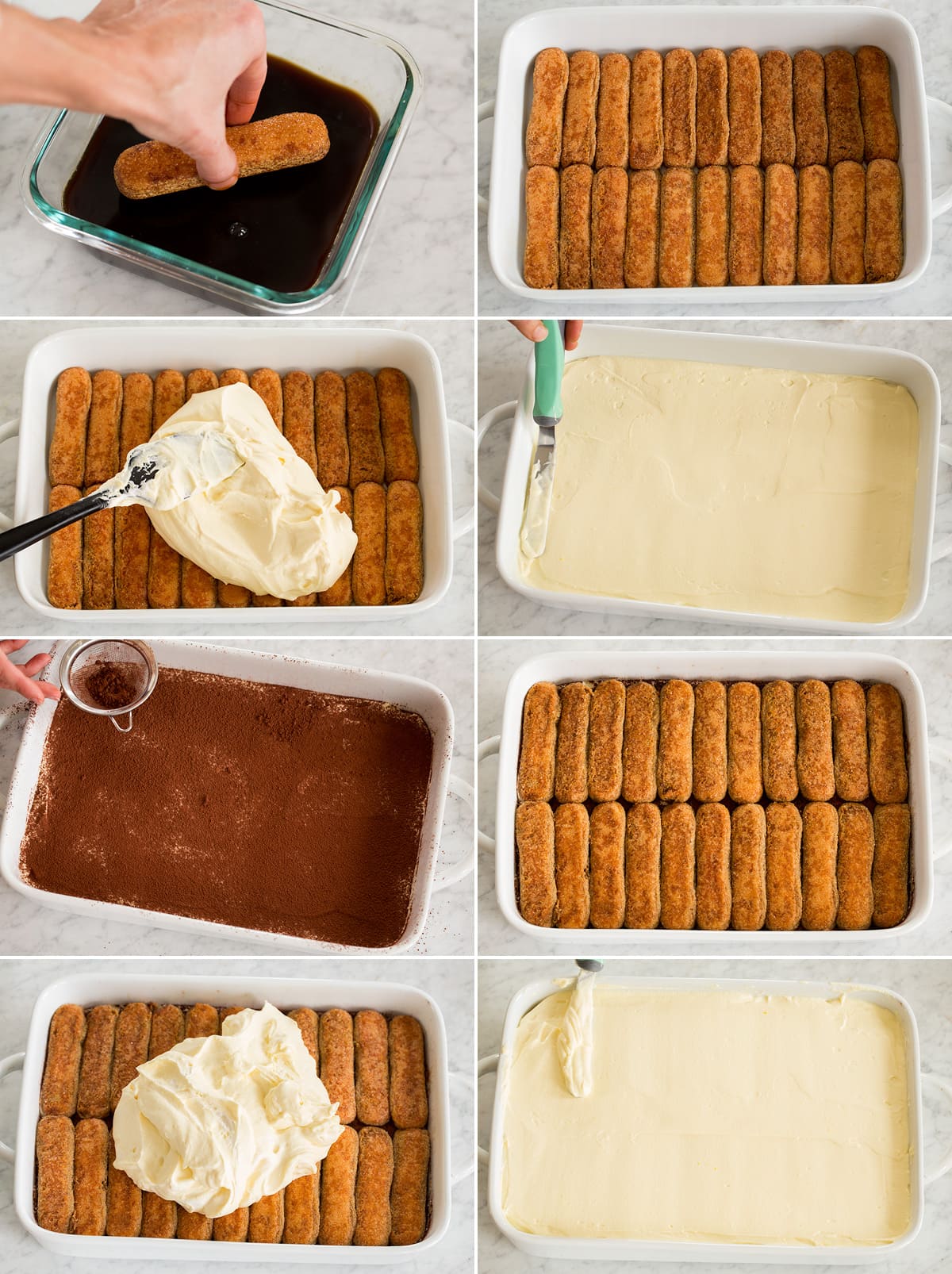 Tiramisu Collage of eight photos showing how to layer a tiramisu dessert.
