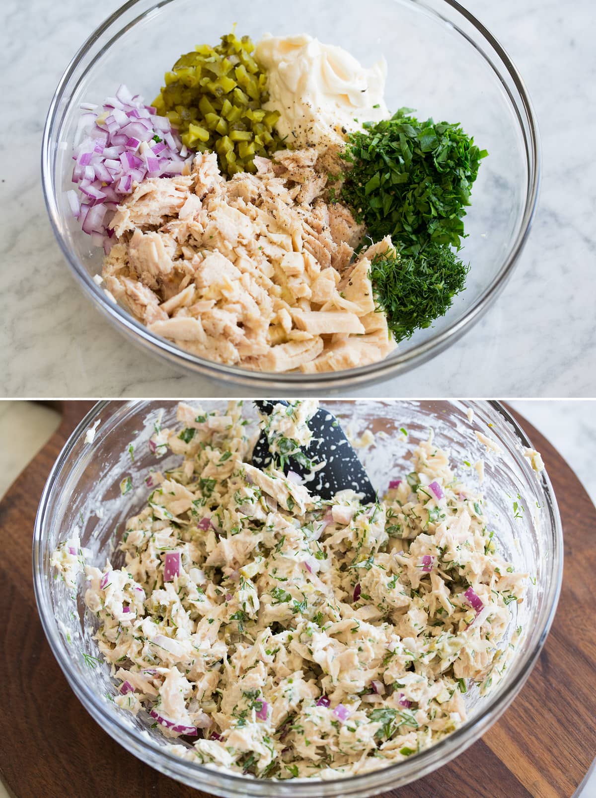 Tuna Melts Tuna salad before and after mixing in a mixing bowl.