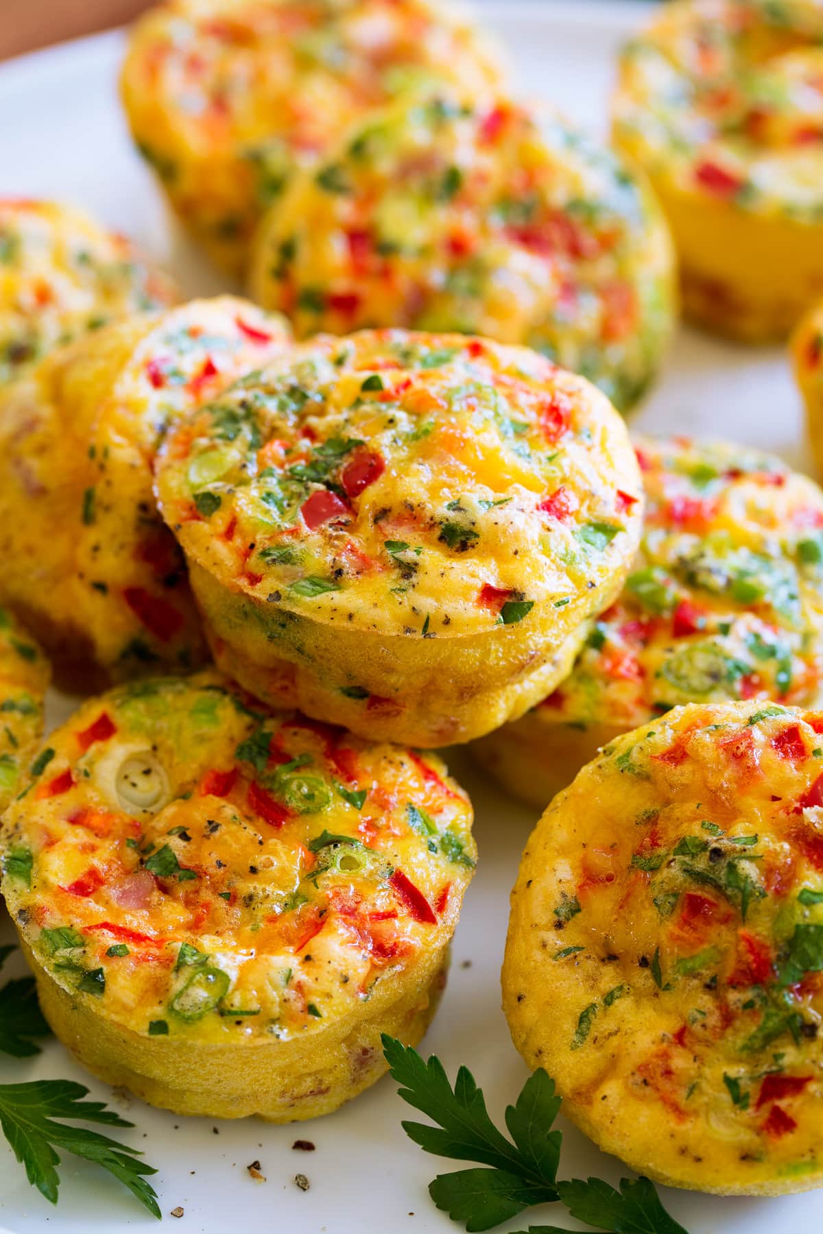 Egg Muffins Close up photo of stacked egg muffins.