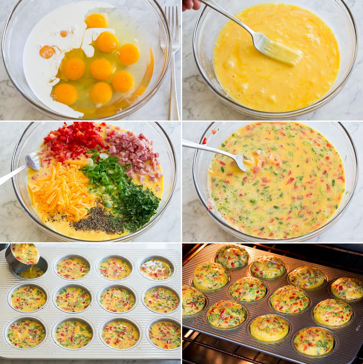 Egg Muffins Six photos showing how to make breakfast egg muffins.
