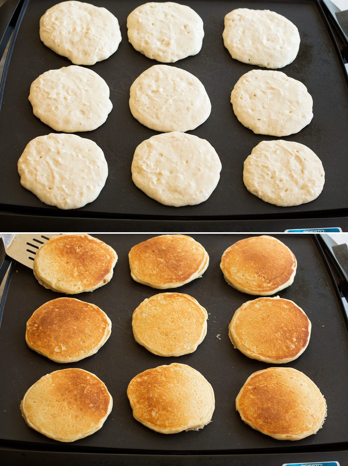 Oat Flour Pancakes Cooking pancakes on a griddle.