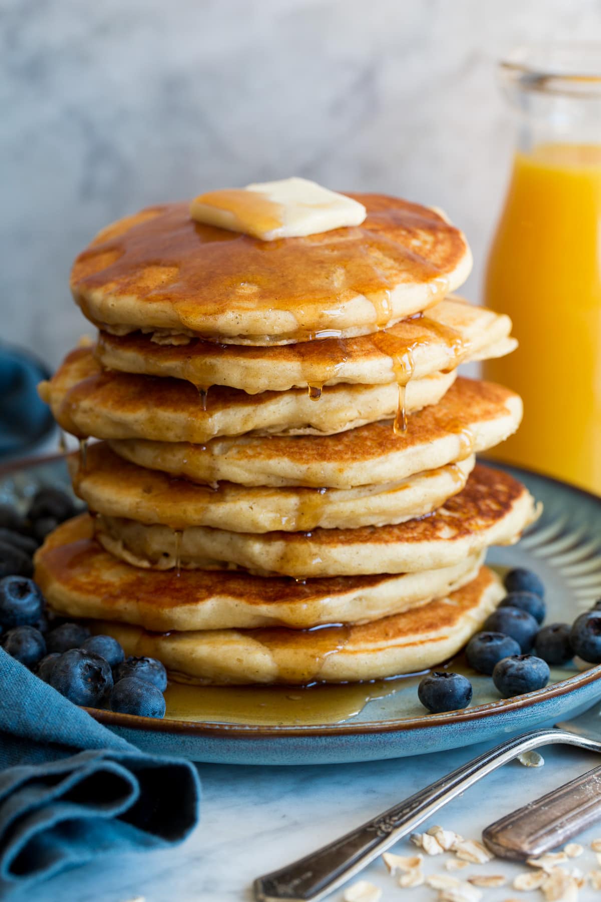 Oat Flour Pancakes Close up showing stack of oat flour pancakes.