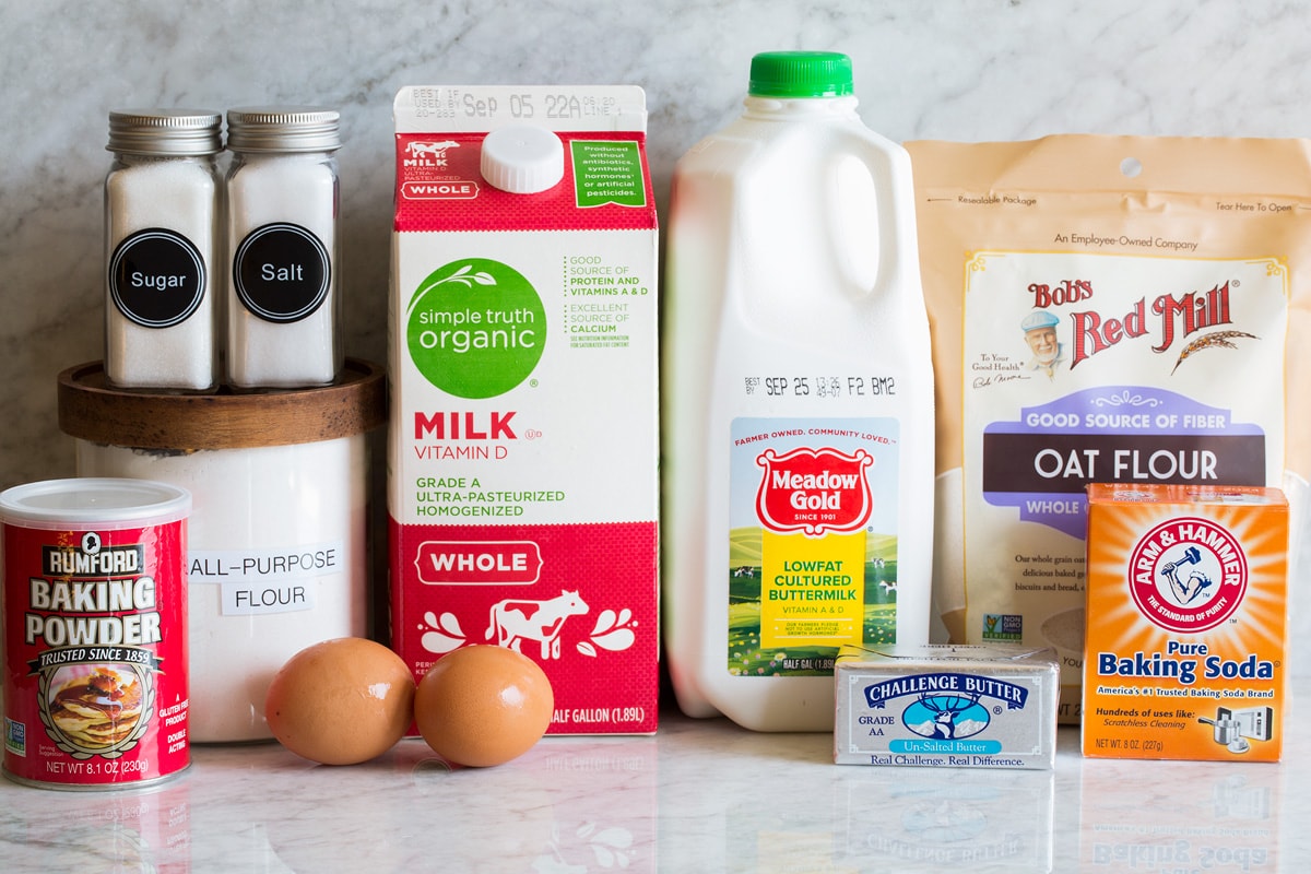Oat Flour Pancakes Ingredients needed to make oat flour pancakes shown.