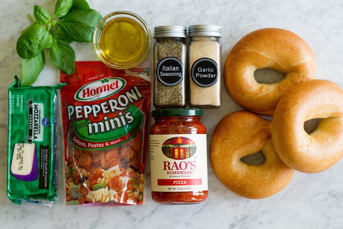 Pizza Bagels Ingredients needed for bagel pizzas.