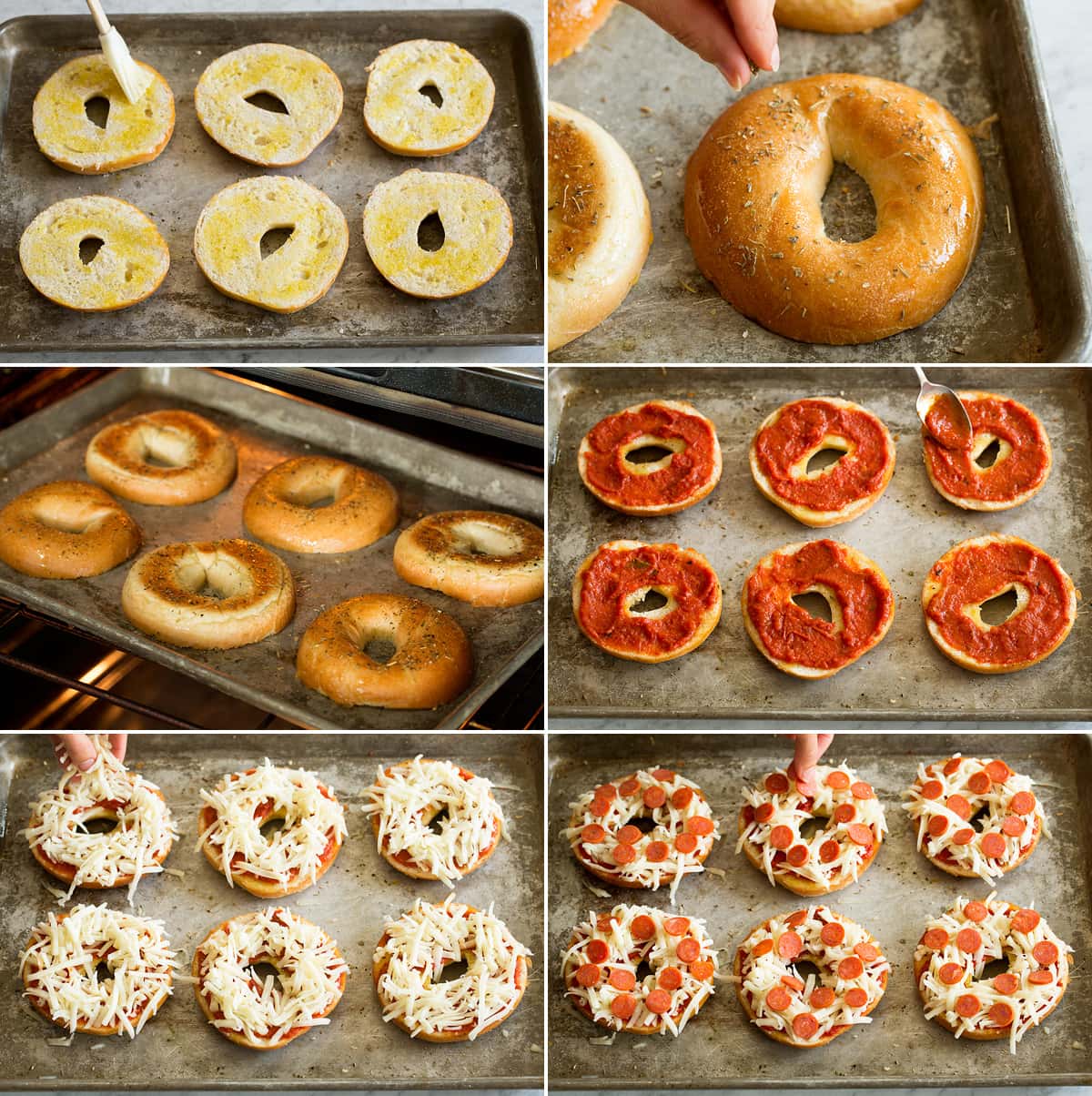 Pizza Bagels Collage of six photos showing steps of making bagel pizzas.