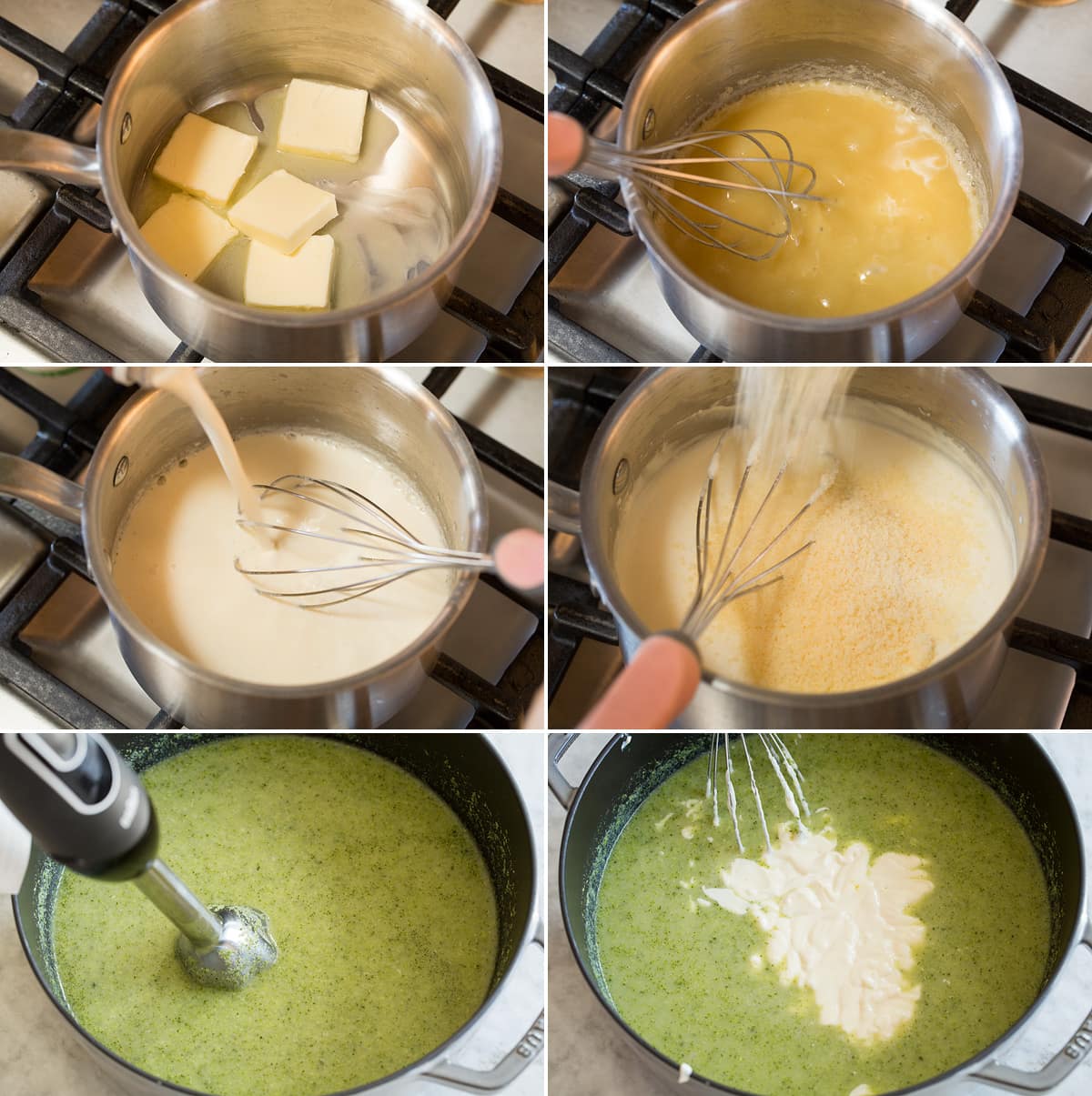 Cream of Broccoli Soup Steps of making white sauce in saucepan for cream of broccoli soup and adding to broccoli mixture in pot,