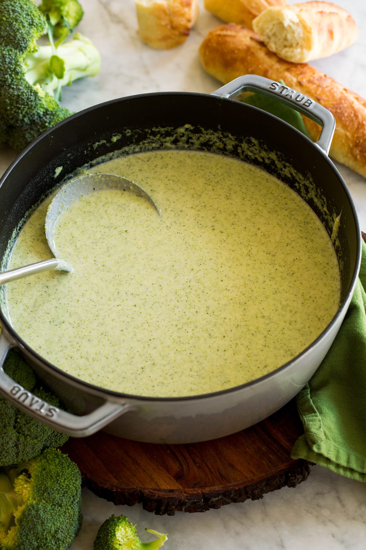 Cream of Broccoli Soup Pot filled with cream of broccoli soup.