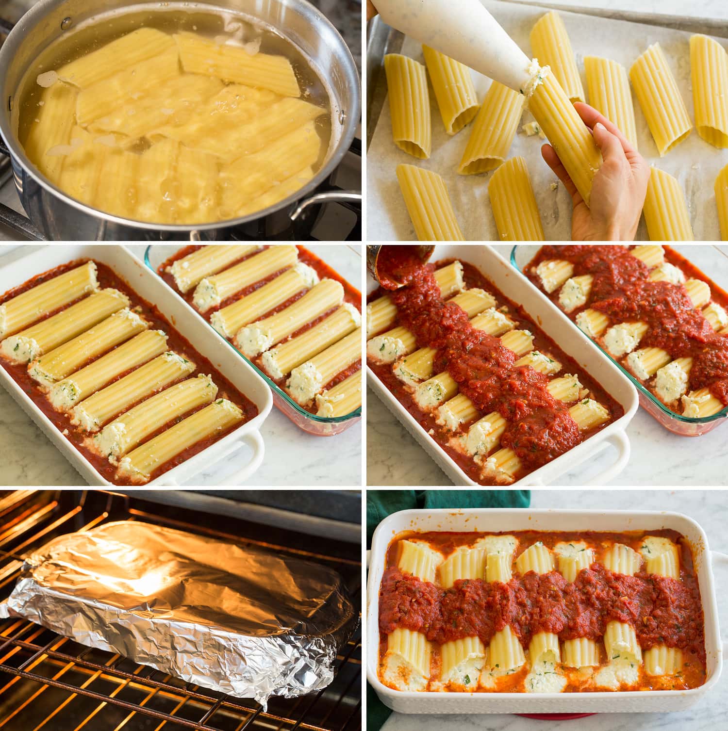 Manicotti Photo collage showing how to stuff manicotti then assemble with sauce in baking dish and bake.