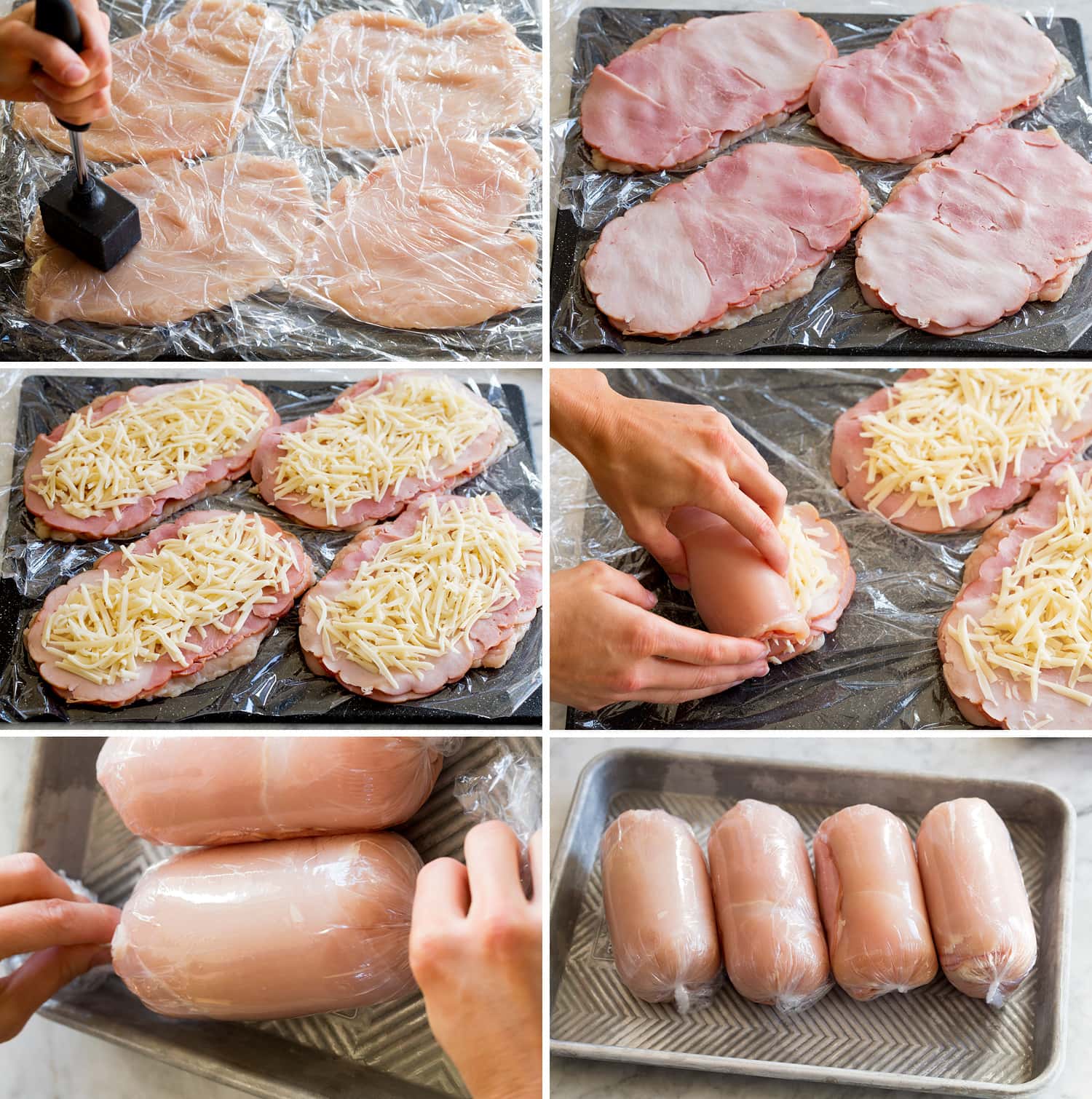 Chicken Cordon Bleu Six steps of flattening, layering and rolling chicken cordon bleu.