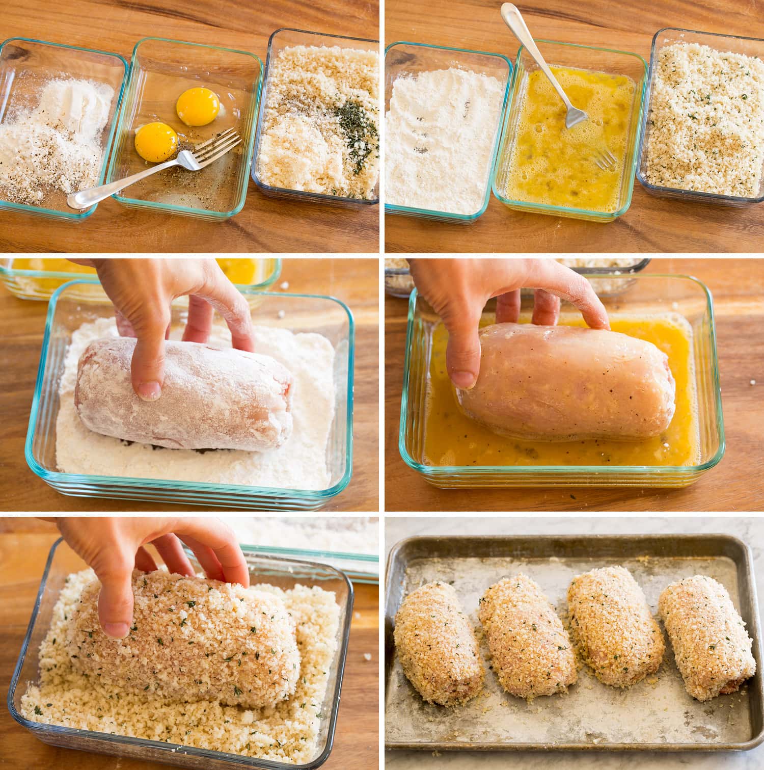 Chicken Cordon Bleu Collage of six photos showing how to make breading and roll chicken in flour, egg and breading.
