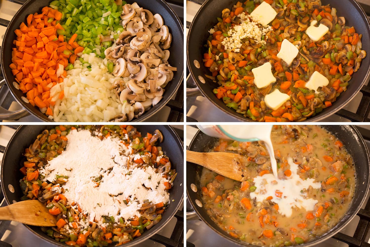 Chicken Pot Pie with Puff Pastry Chicken pot pie puff pastry steps to making filling in skillet.