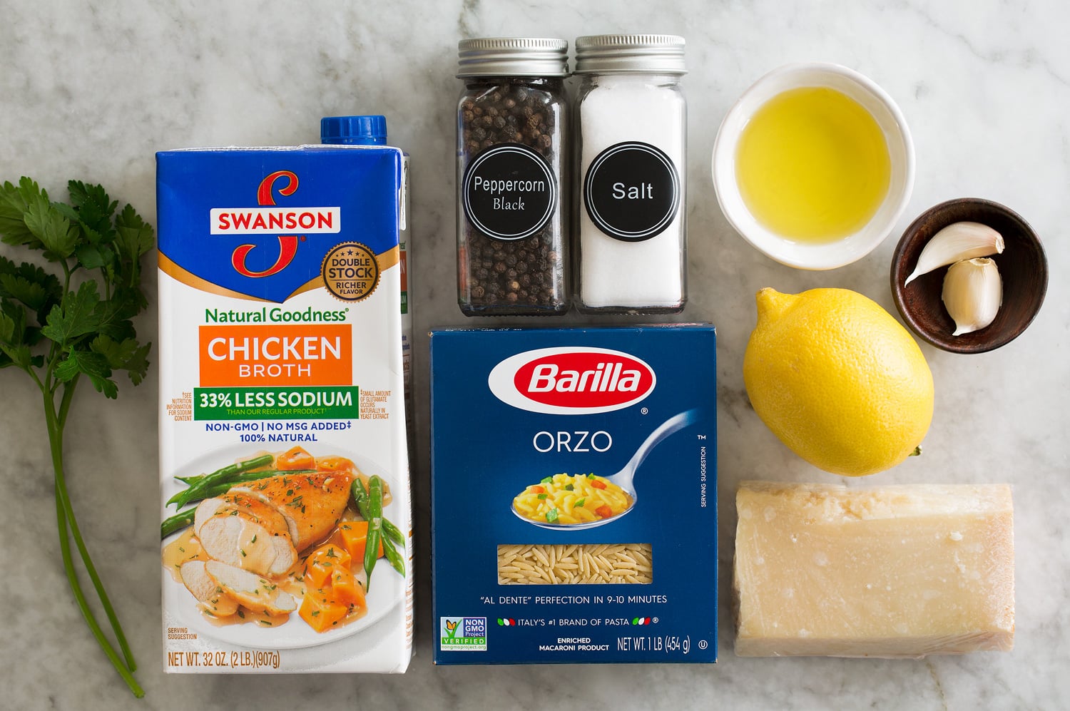 Lemon Orzo Ingredients needed to make lemon orzo recipe.