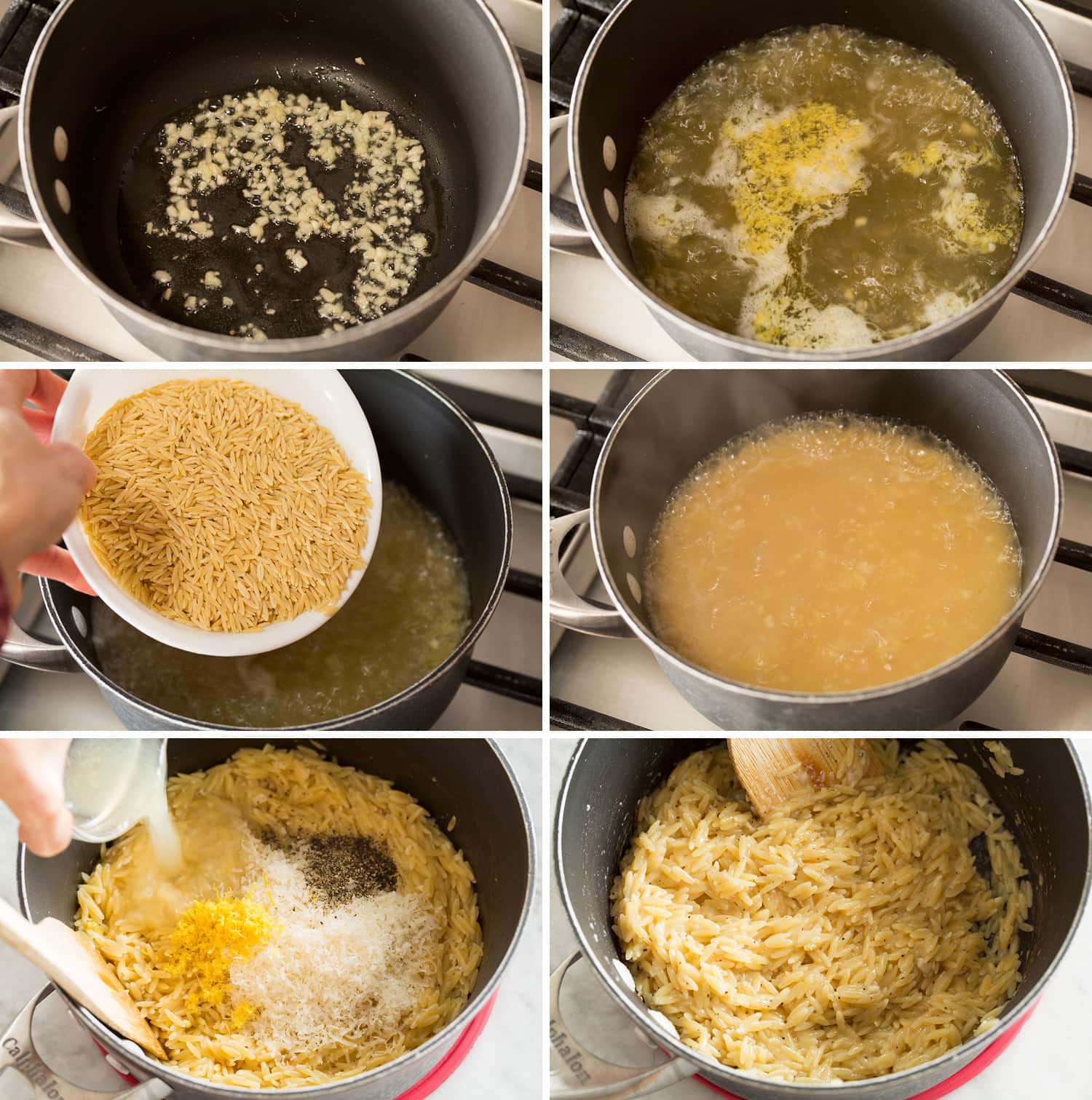 Lemon Orzo Steps showing how to make lemon orzo recipe in a saucepan on the stovetop.