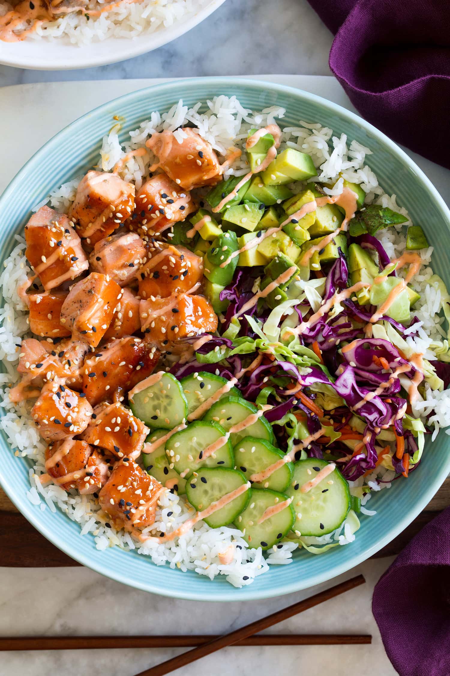 Salmon Rice Bowls Close up overhead photo of salmon rice bowl.