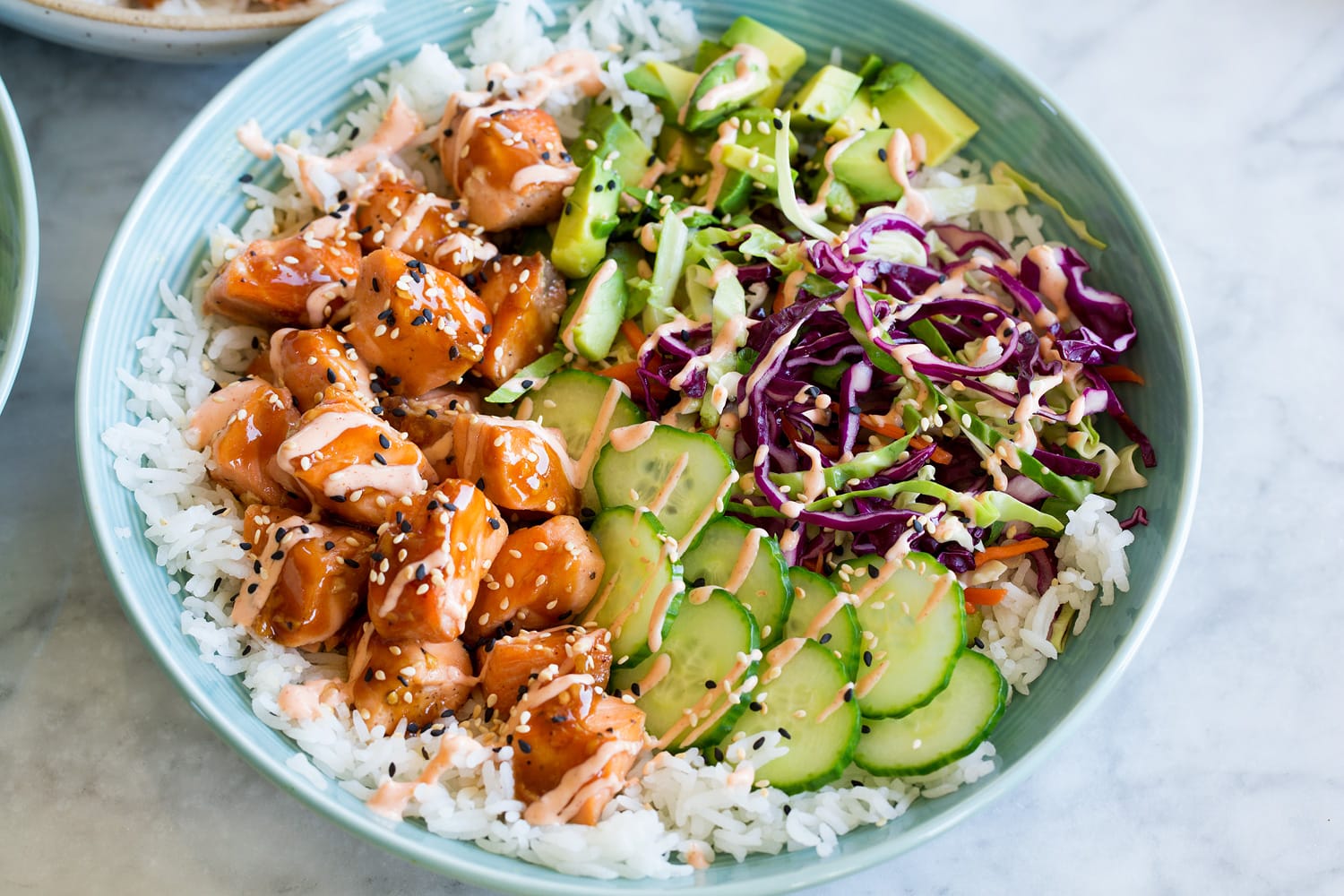 Salmon Rice Bowl Finished salmon rice bowl.