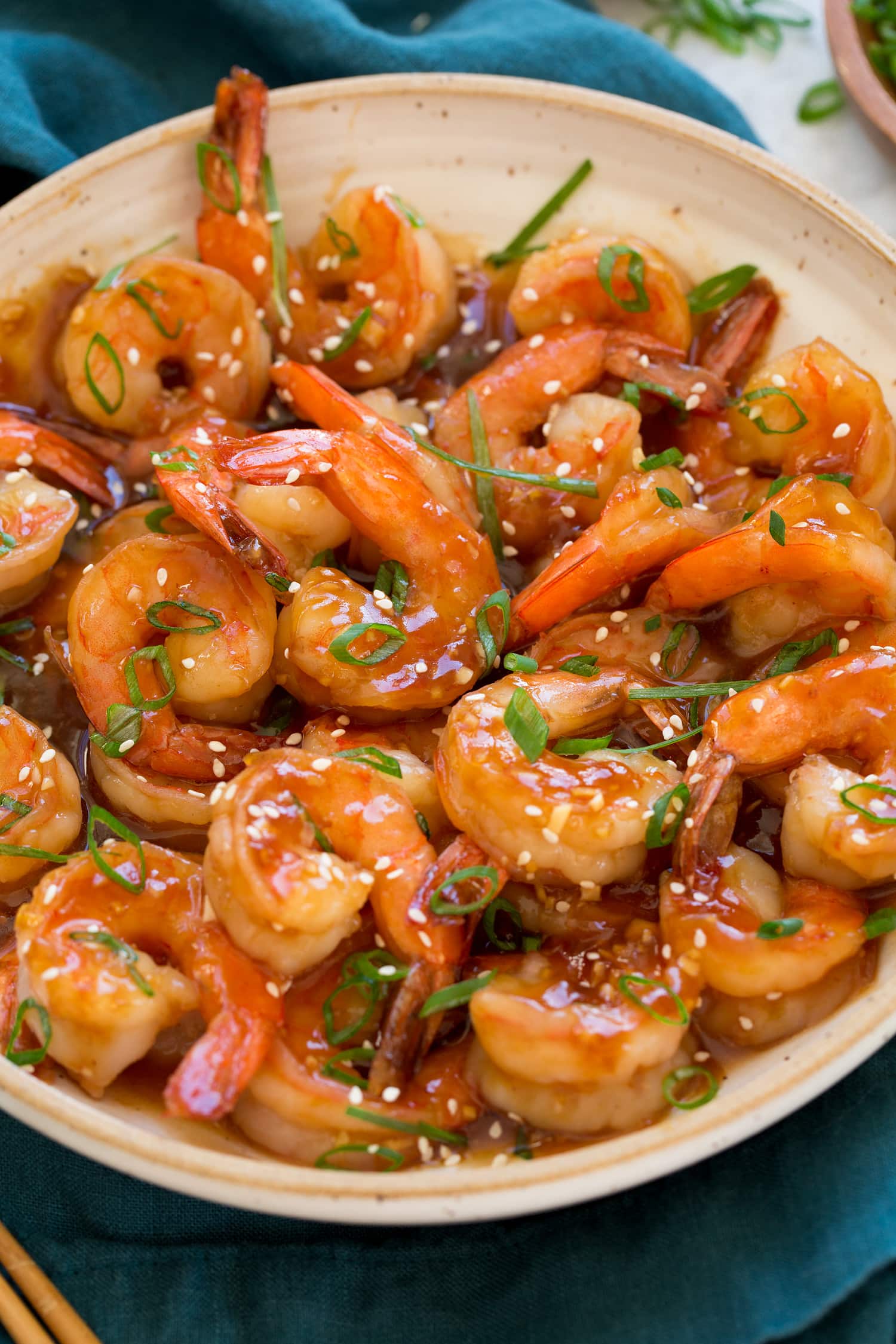 Teriyaki Shrimp Close up image of ceramic bowl with homemade teriyaki shrimp.