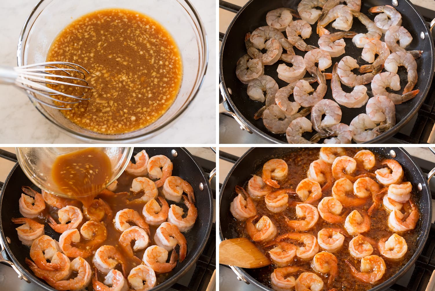 Teriyaki Shrimp Four images showing how to make teriyaki sauce and cook with raw shrimp.