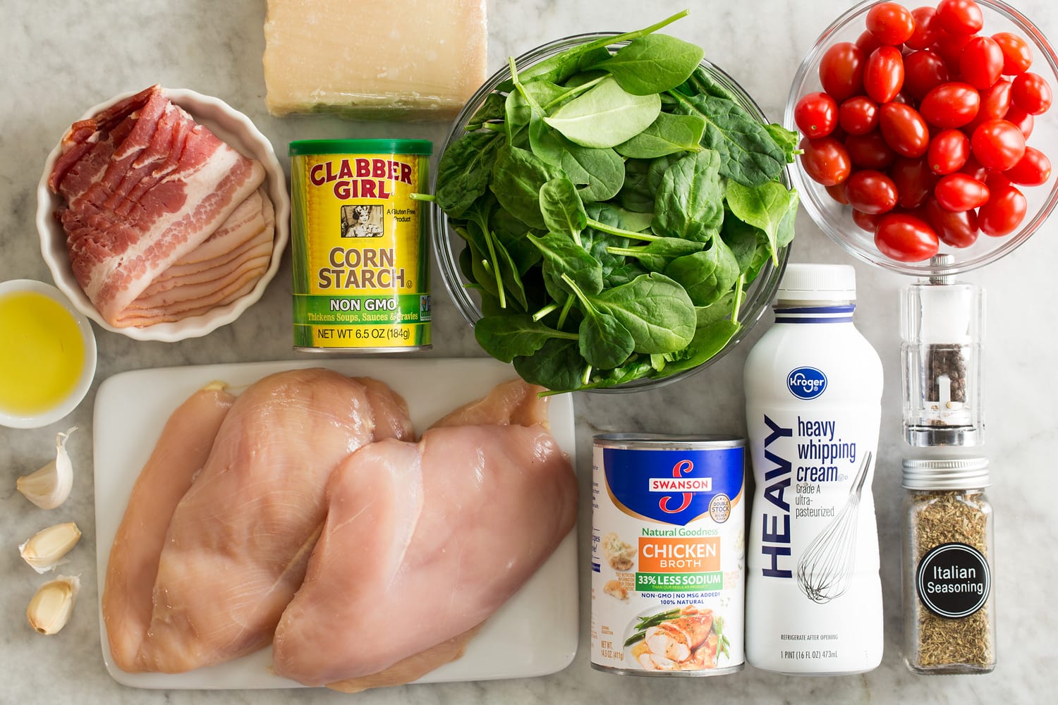 BLT Chicken Ingredients needed to make bacon tomato spinach chicken.
