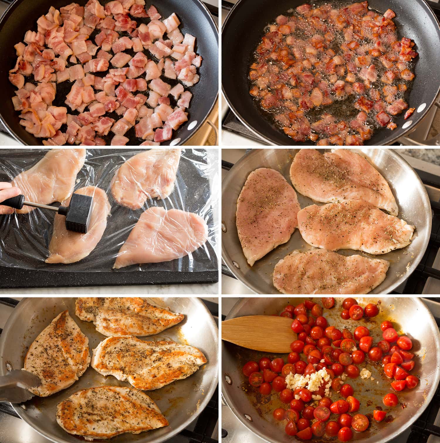 BLT Chicken Steps for making pan seared chicken and cooking bacon.
