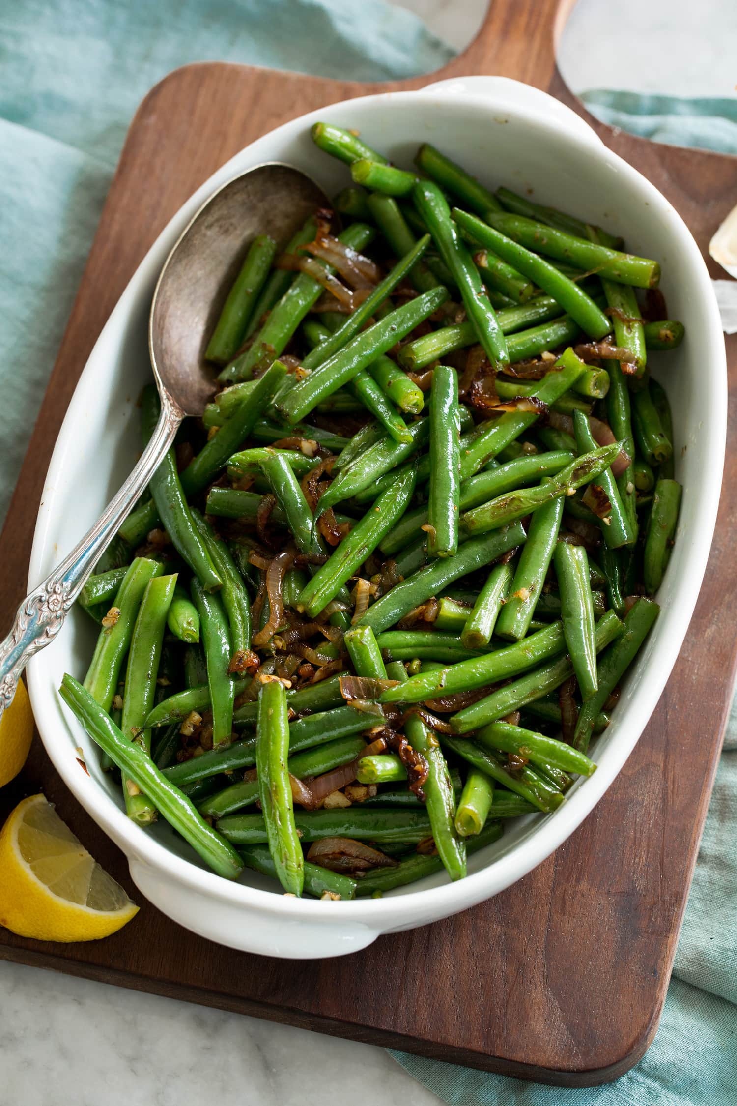 Sauteed Green Beans Sauteed fresh green beans shown in a white serving dish.