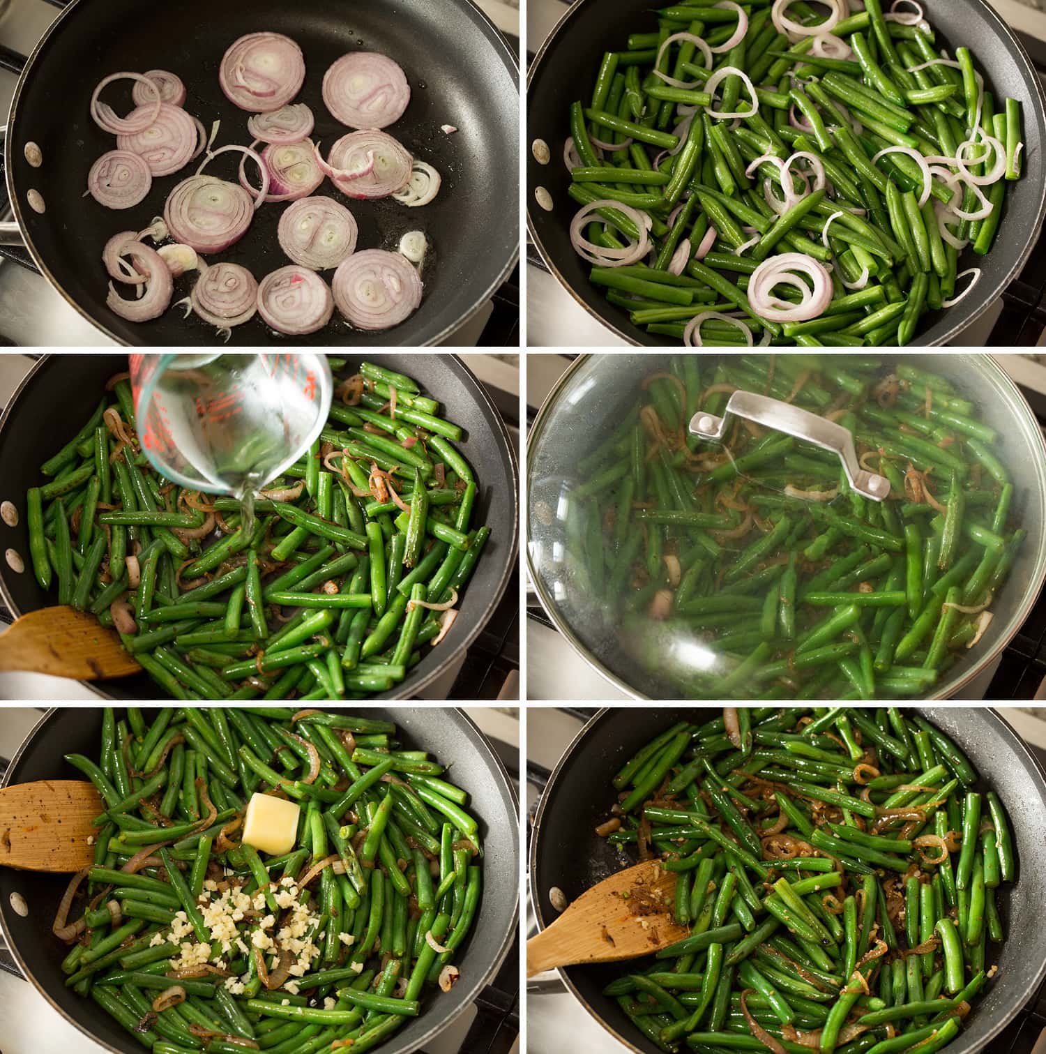 Sauteed Green Beans Steps showing how to saute green beans in a skillet.