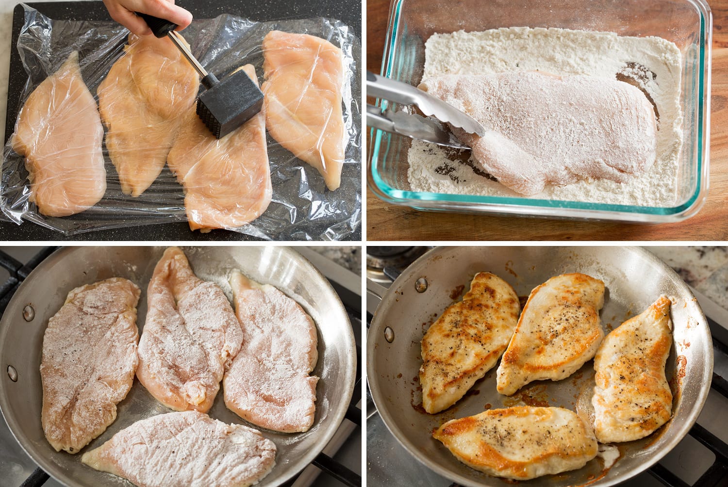 Chicken Florentine Four steps showing how to dredge chicken breasts in flour and pan fry.