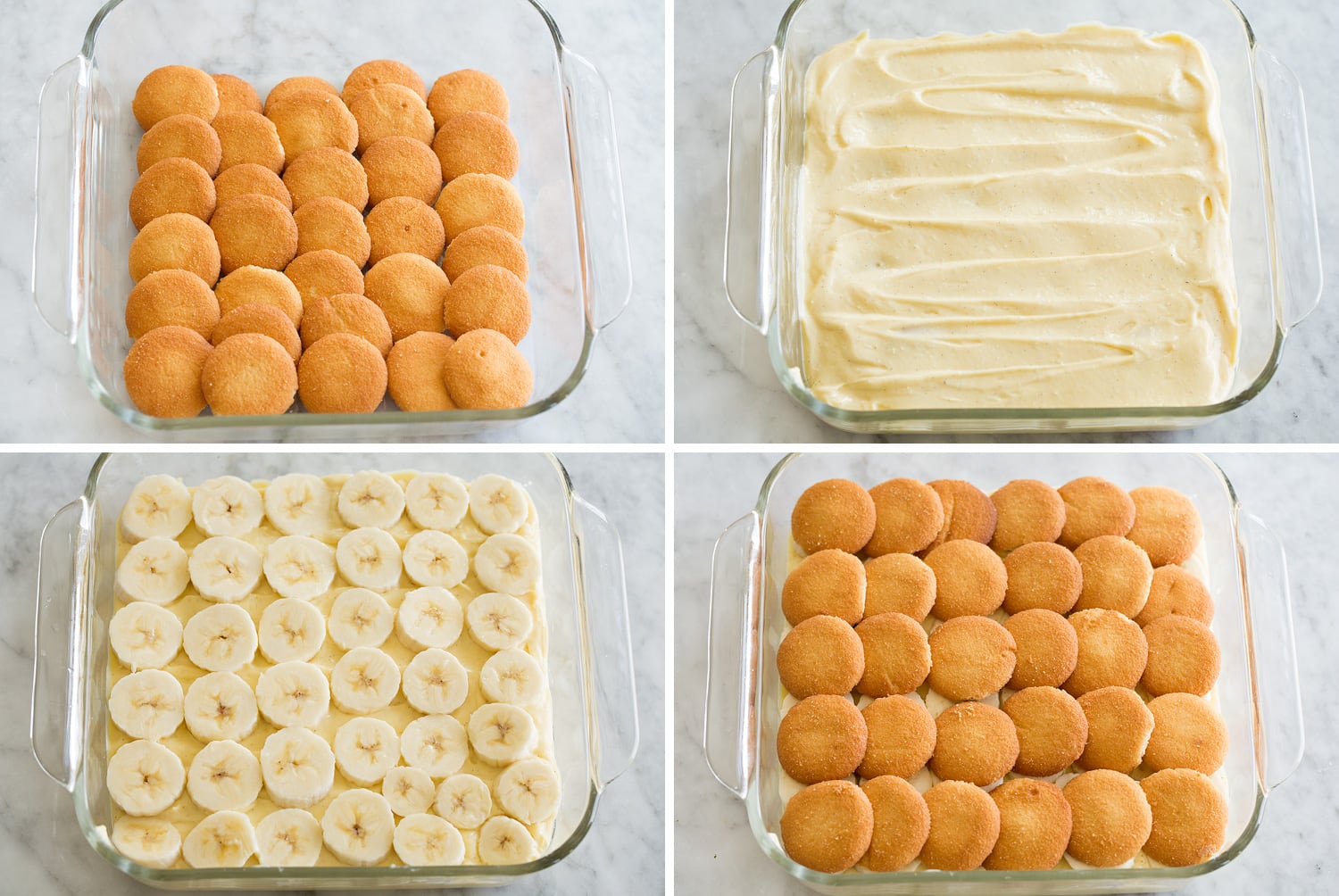 Banana Pudding Steps showing how to layer banana pudding in a a pan.