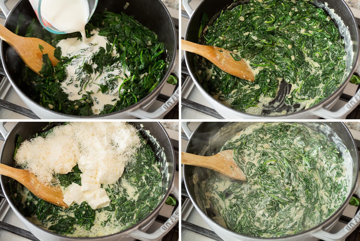 Creamed Spinach Continued photos showing how to make creamed spinach with cream, cream cheese an parmesan.