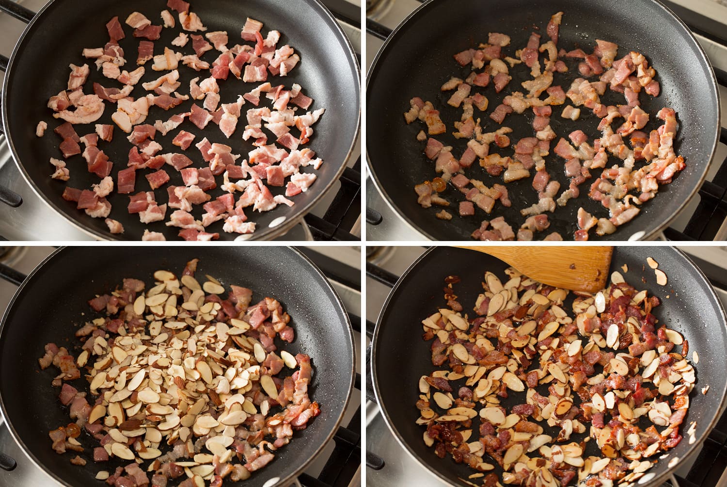 Green Bean Almondine Four photos showing how to saute bacon and almonds.