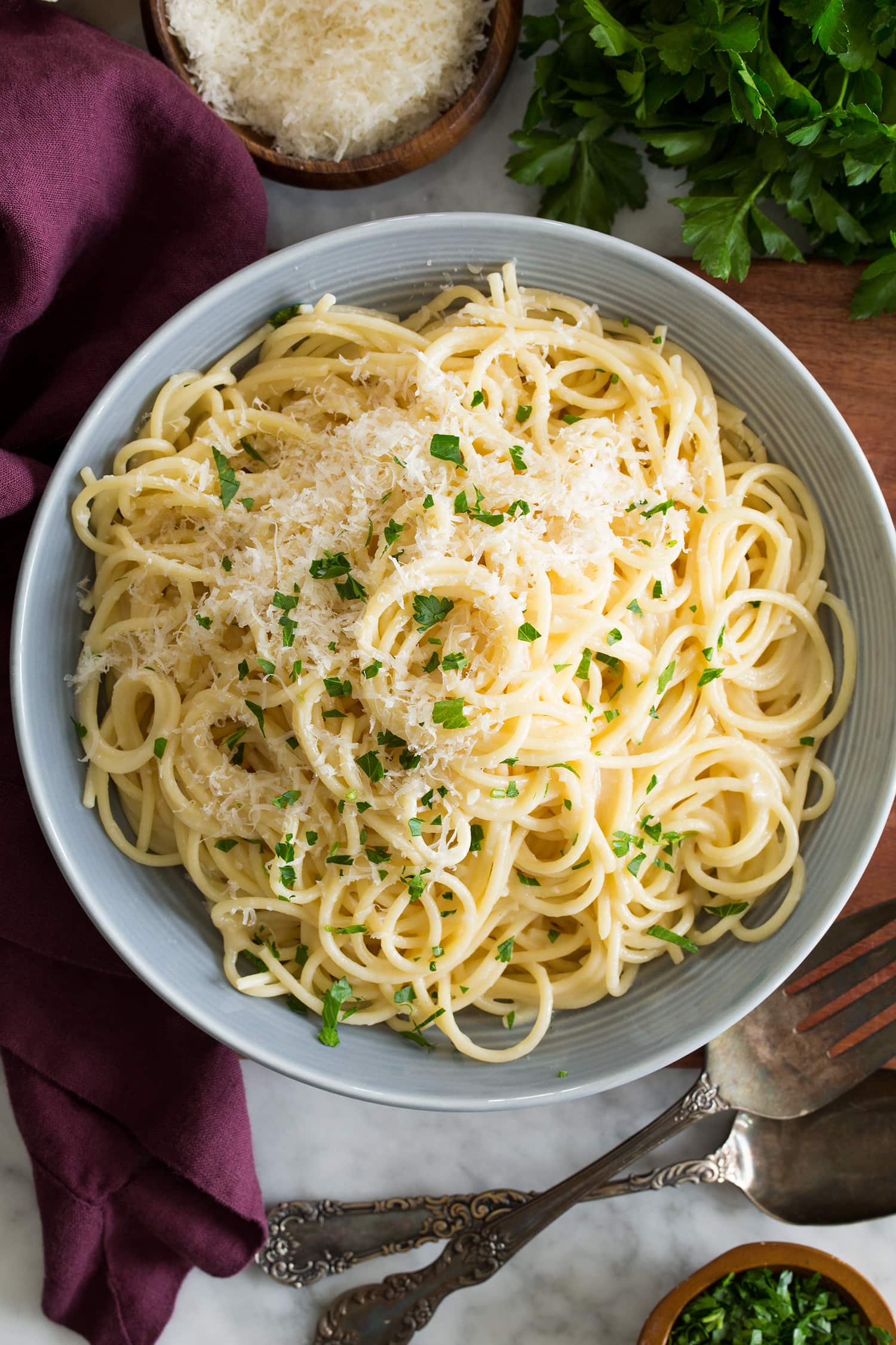Garlic Parmesan Pasta Overhead photo of pasta in serving bowl
